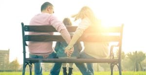 family sitting on park bench