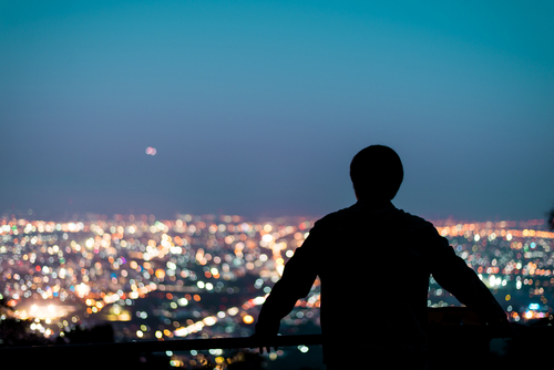 person looking at city at night