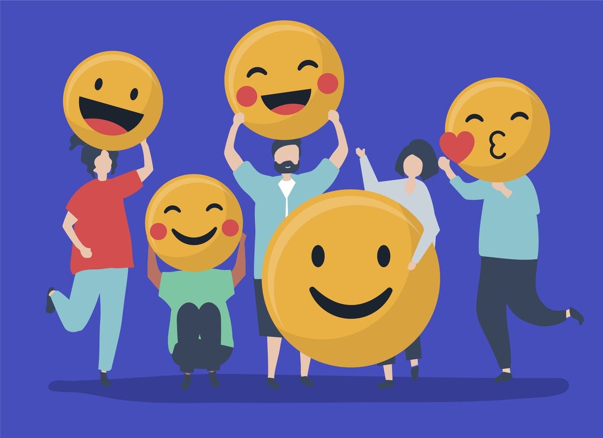 Characters of people holding positive emoticons illustration