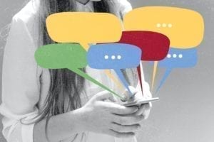 Colorful speech bubbles psd teenager texting for social addiction campaign