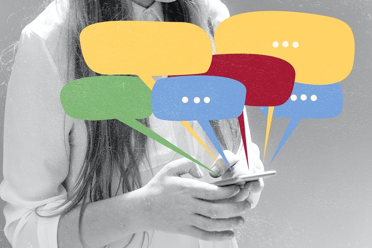 Colorful speech bubbles psd teenager texting for social addiction campaign