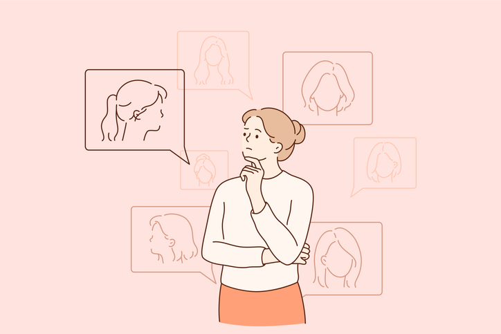 Illustration of lady looking at images of herself