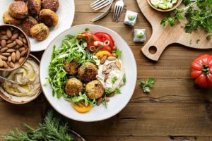 Plates-of-various-foods-on-a-table